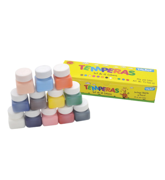 Témpera Escolar Junior, Caja x 12 Colores x 22 g. c.u. (incluye Pincel + Paleta)